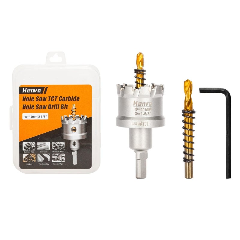 Henvo Hole Saw 1-5/8" (41mm) Heavy Duty Carbide with 2 Pilot Drill Bits - Metal Hole Cutter Cuts Stainless Steel, Iron, Copper, Brass, Plastic - Image 1